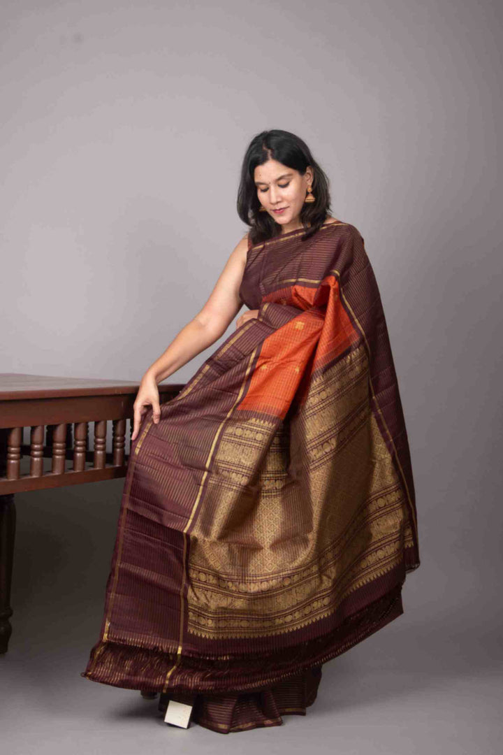 Rust and brown traditional kanjivaram silk saree