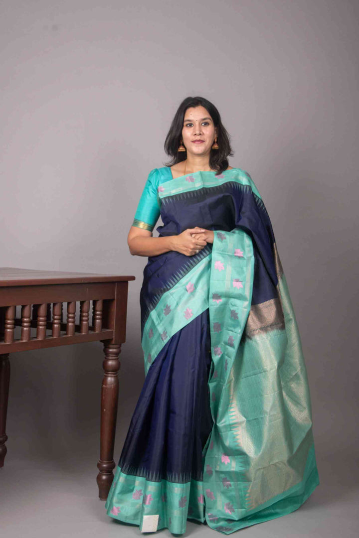 Navyblue and turquoise korvai silk saree