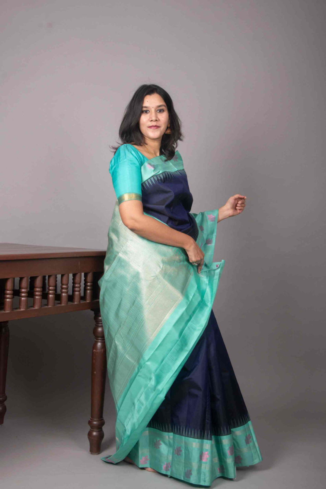 Navyblue and turquoise korvai silk saree