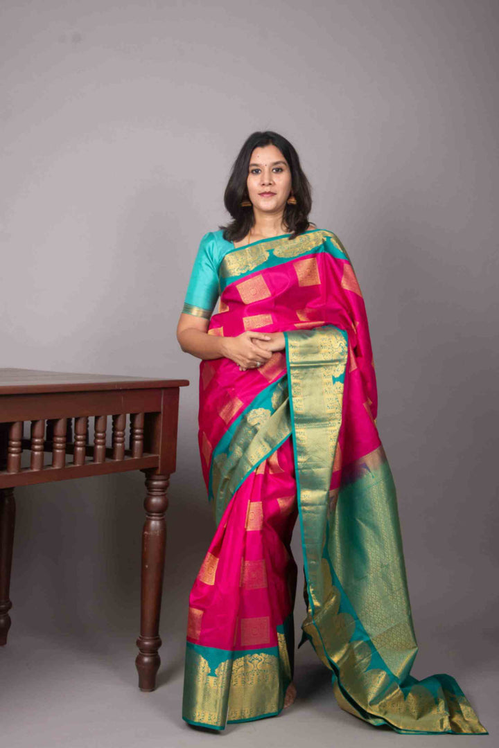Persian rose and teal blue korvai silk saree