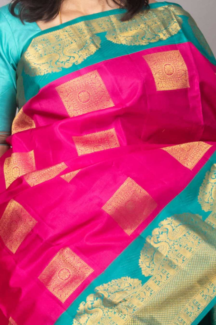 Persian rose and teal blue korvai silk saree