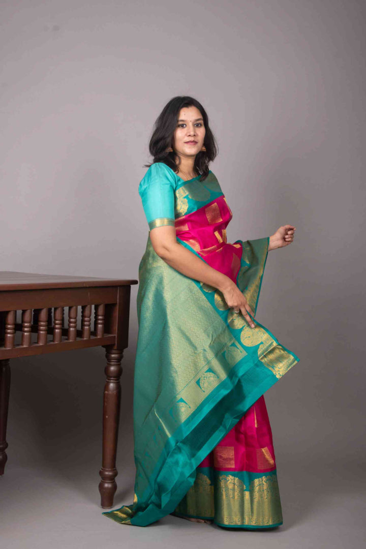 Persian rose and teal blue korvai silk saree