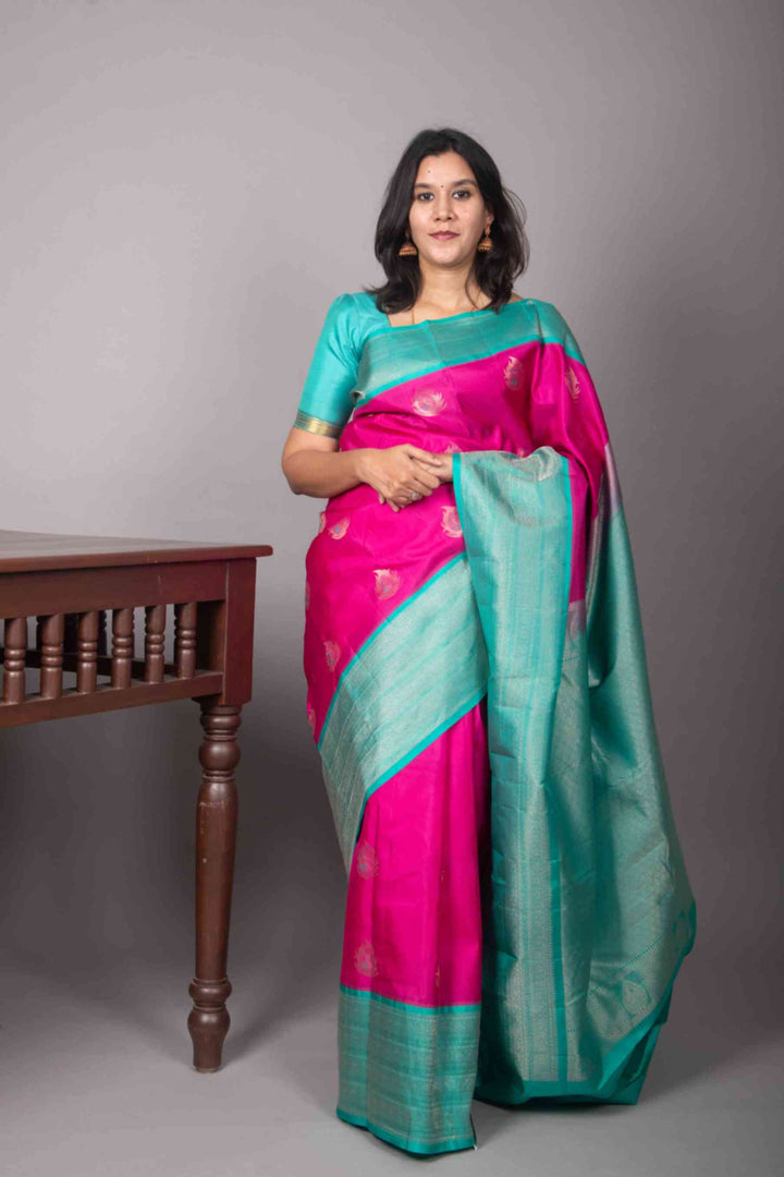 Budrose pink and teal green pure silk saree