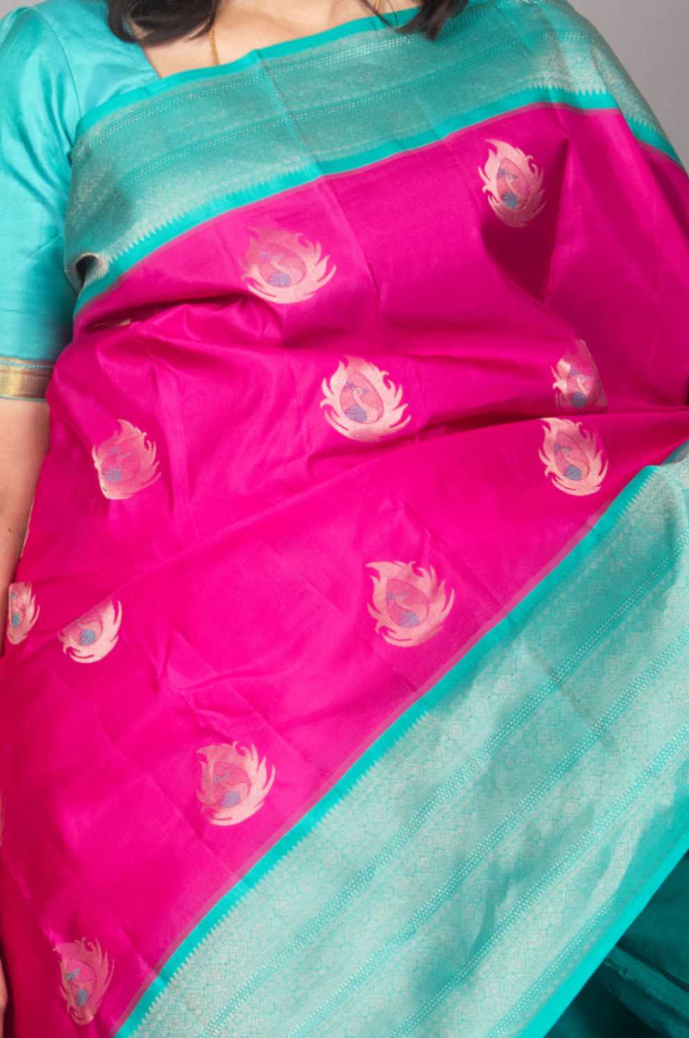 Budrose pink and teal green pure silk saree