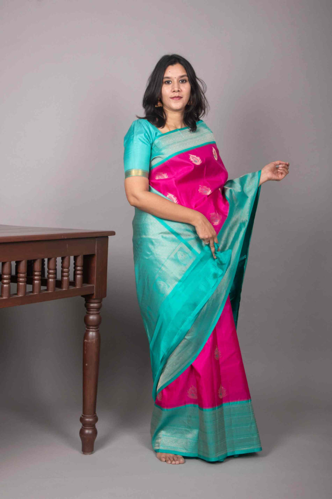 Budrose pink and teal green pure silk saree