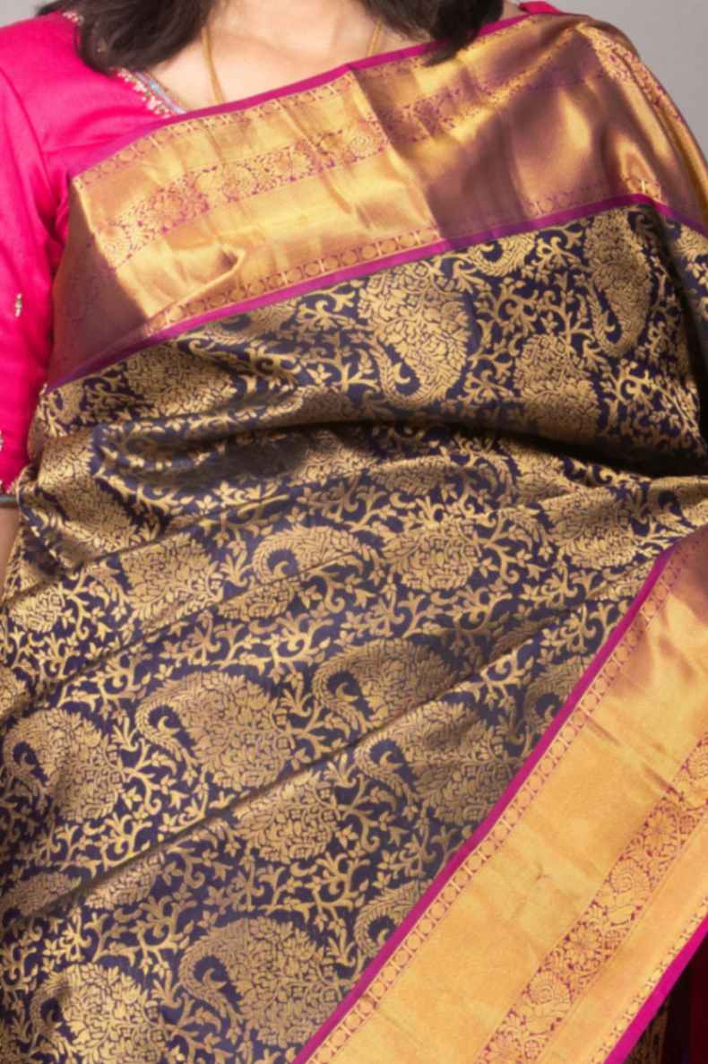Blue and rose pink brocade silk saree
