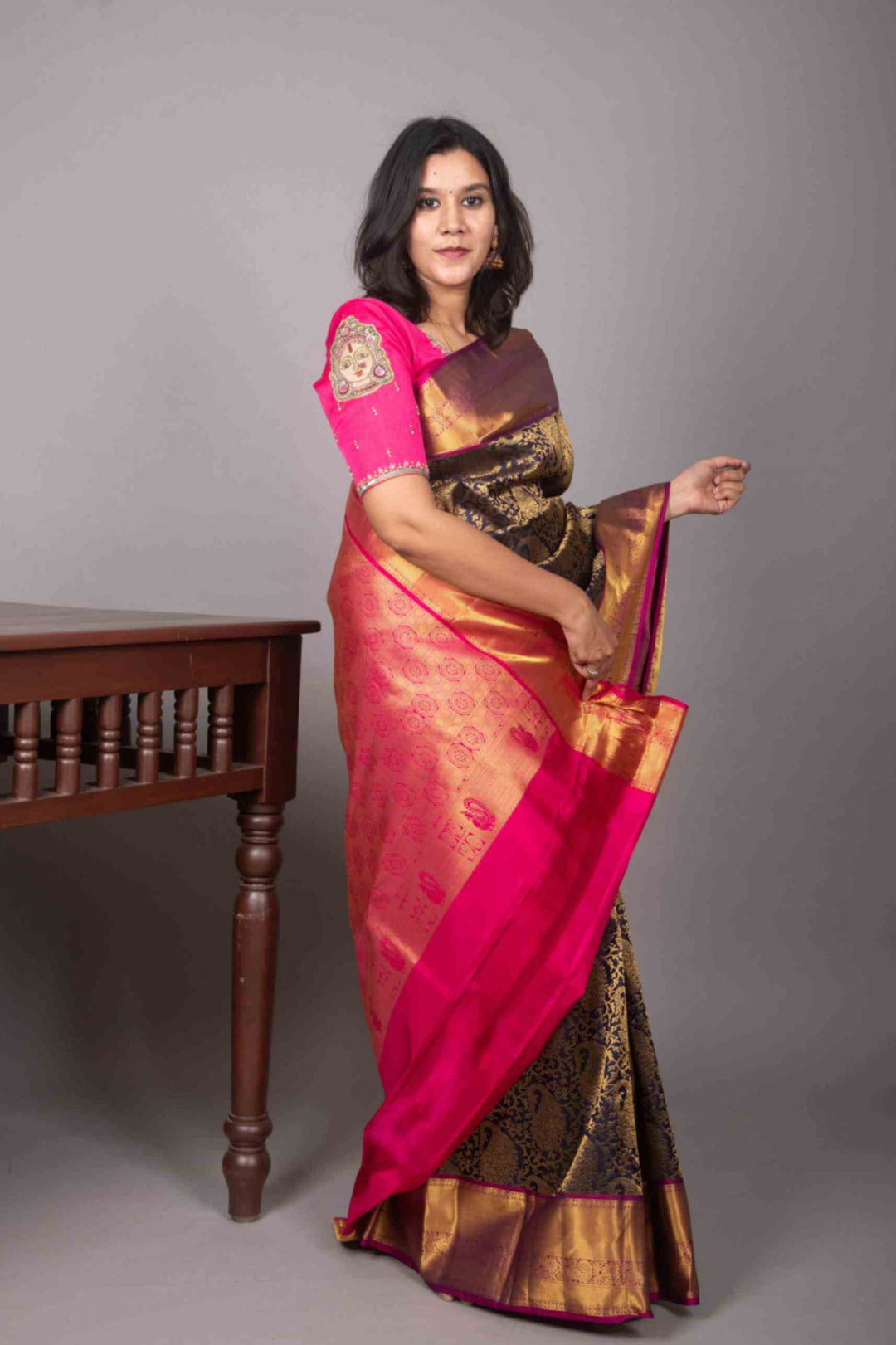 Blue and rose pink brocade silk saree