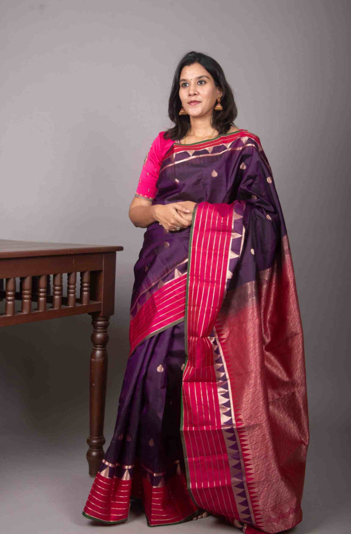 Purple and magenta temple border silk saree