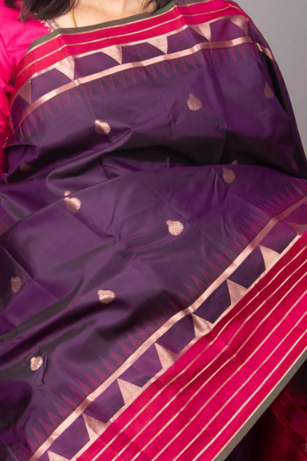 Purple and magenta temple border silk saree