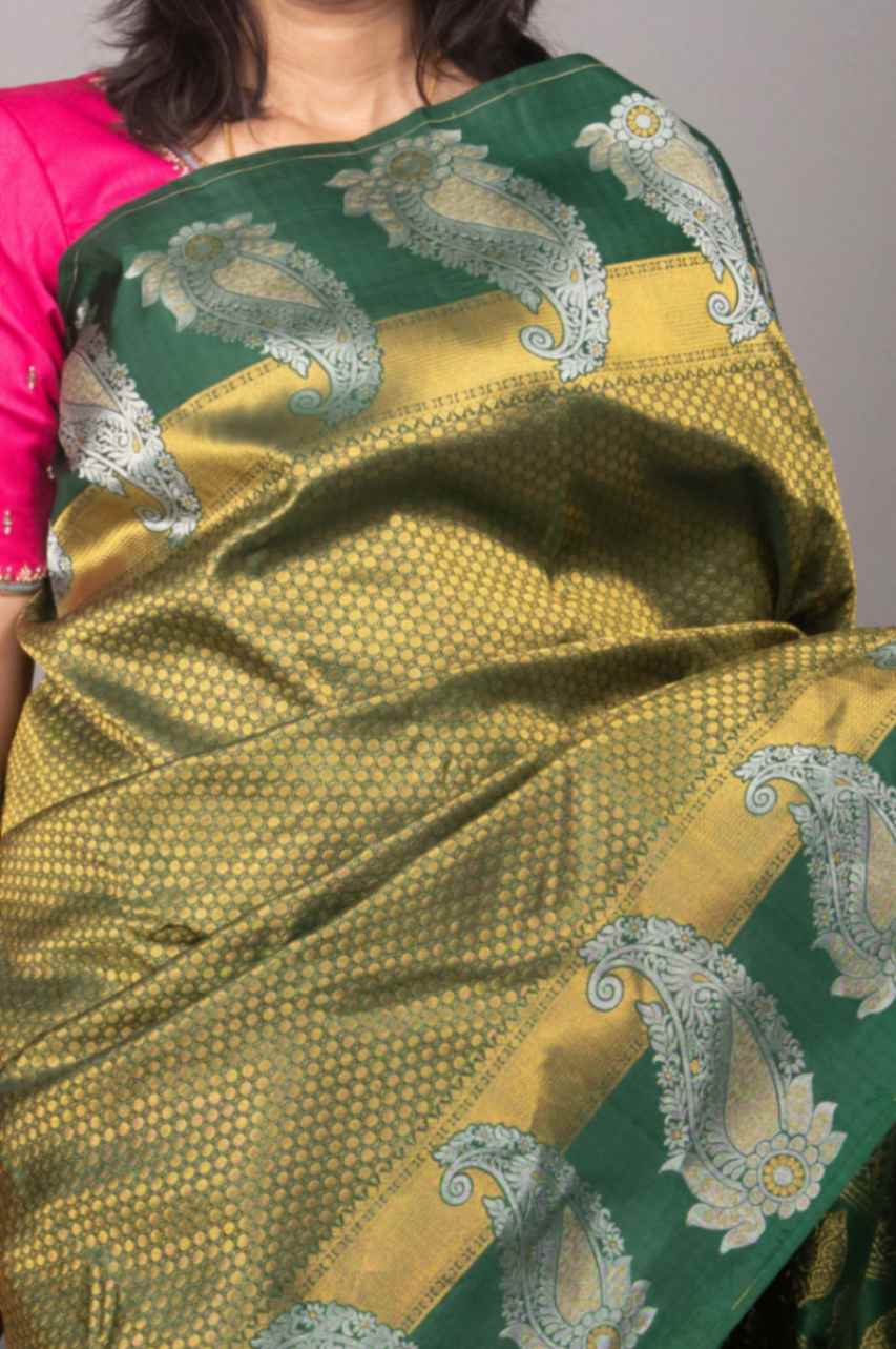 Forest green and paisley designer silk saree