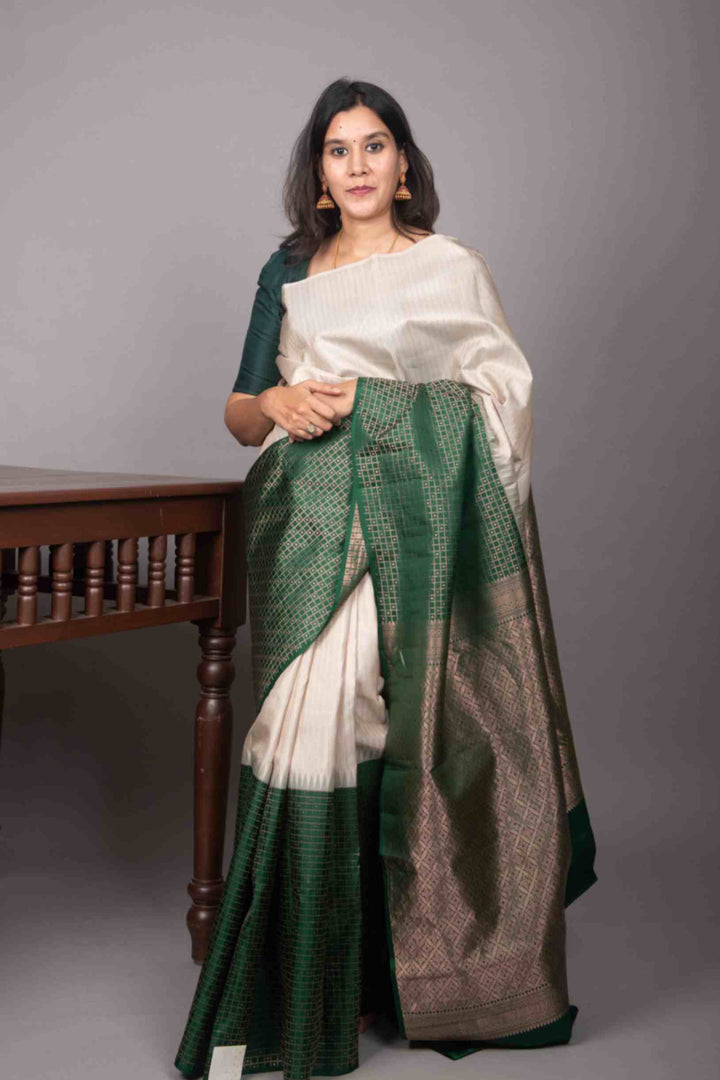 Grey and green half and half silk saree