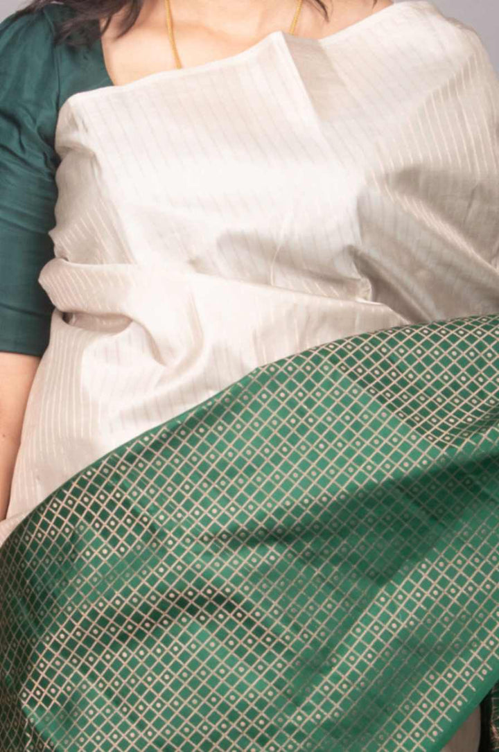 Grey and green half and half silk saree