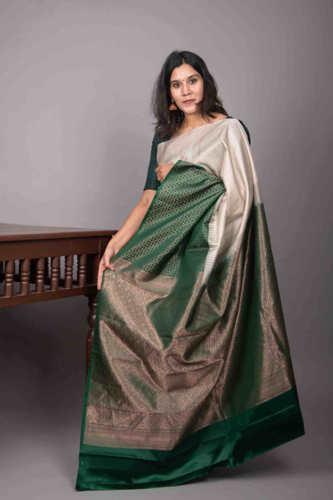 Grey and green half and half silk saree