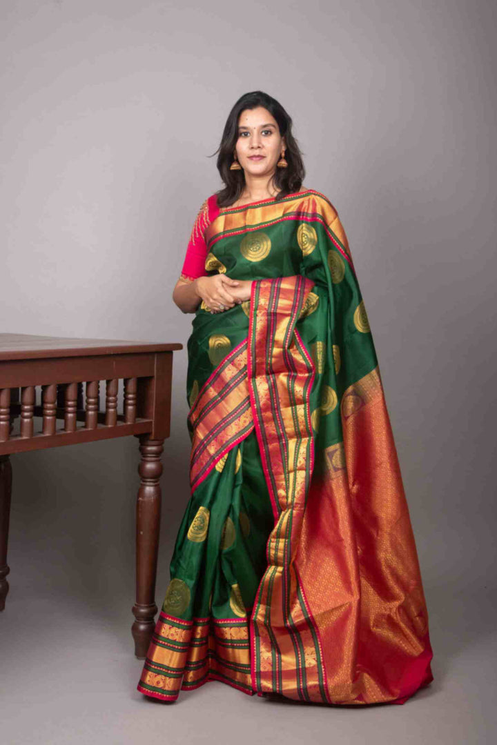 Green and pink korvai silk saree