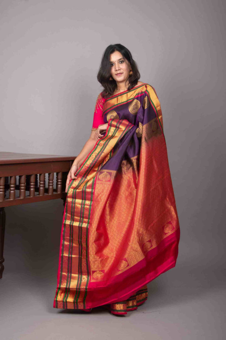 Purple and pink korvai silk saree