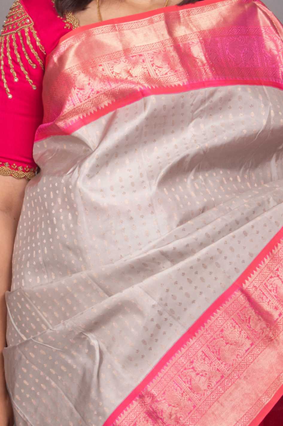 Icegrey and peachish pink aayiram butta silk saree