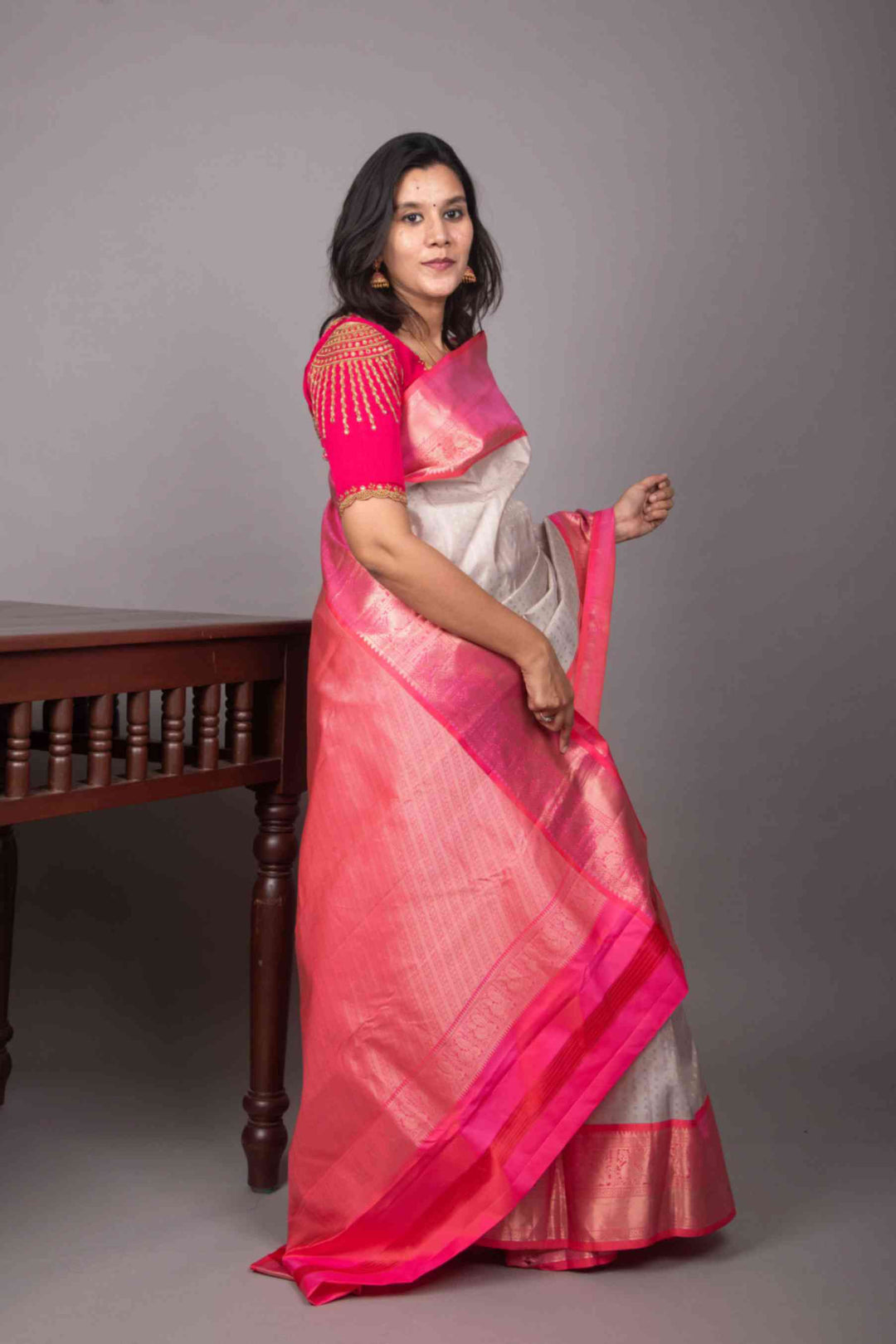 Icegrey and peachish pink aayiram butta silk saree
