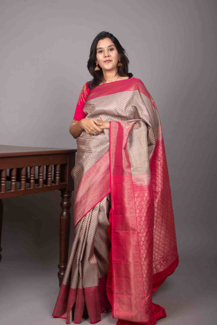 Slate grey and pink brocade silk saree
