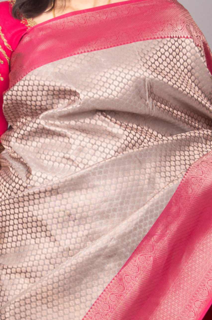 Slate grey and pink brocade silk saree