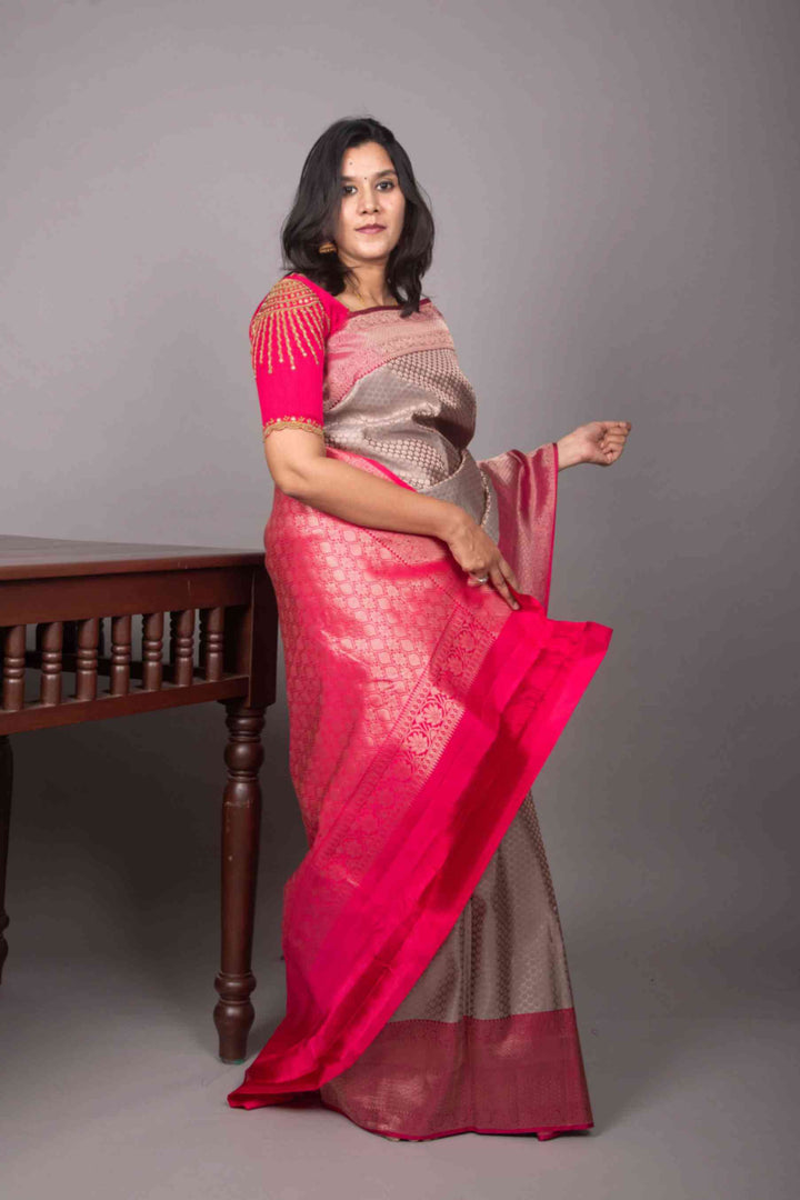 Slate grey and pink brocade silk saree