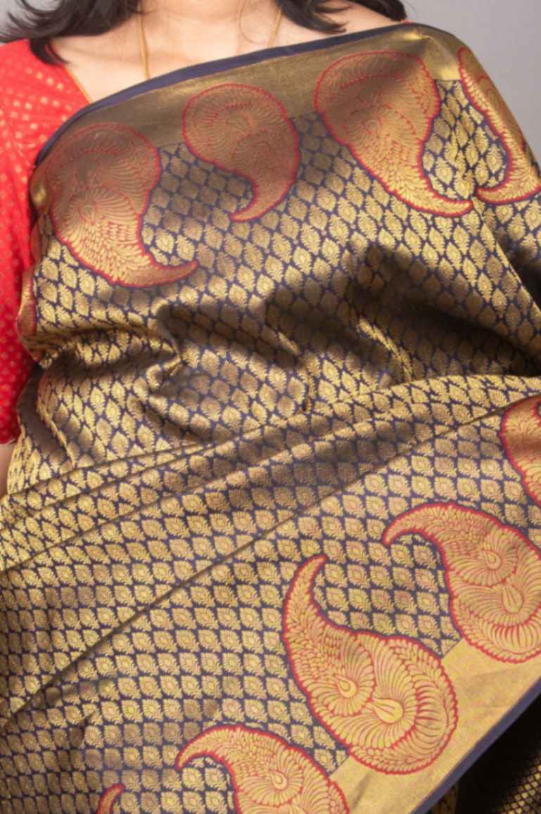 Navyblue and red brocade silk saree