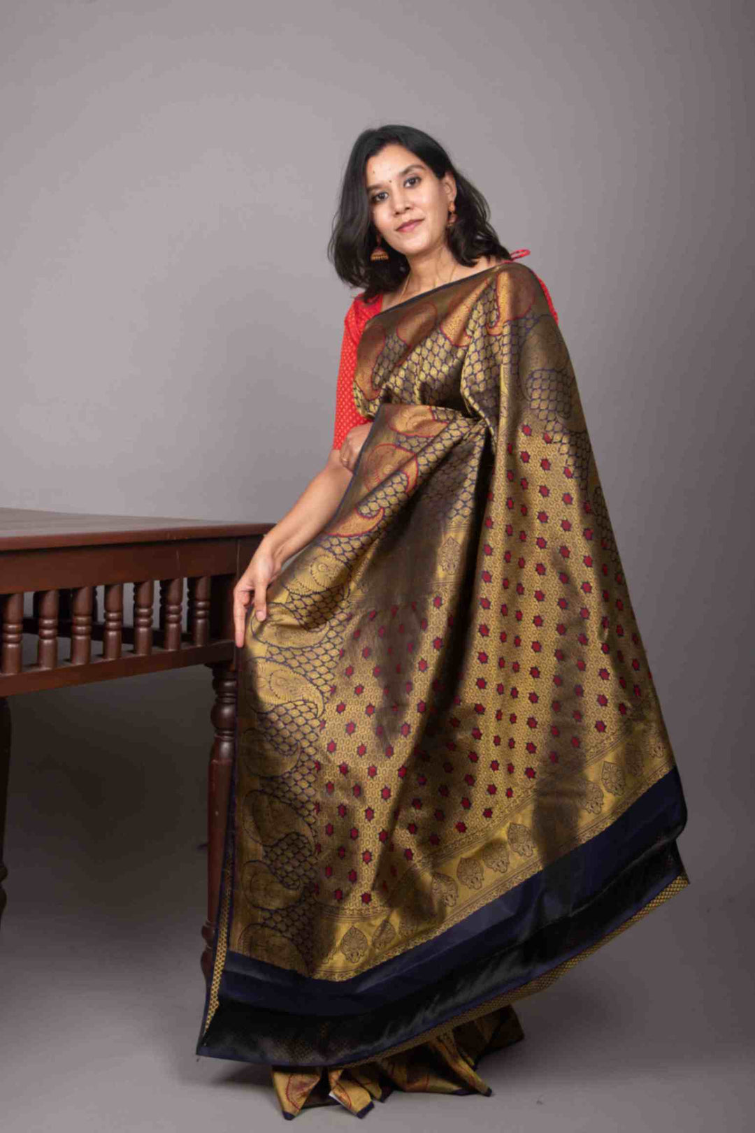 Navyblue and red brocade silk saree