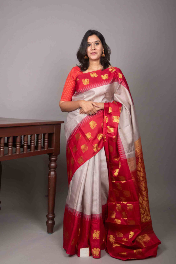Grey and red designer silk saree
