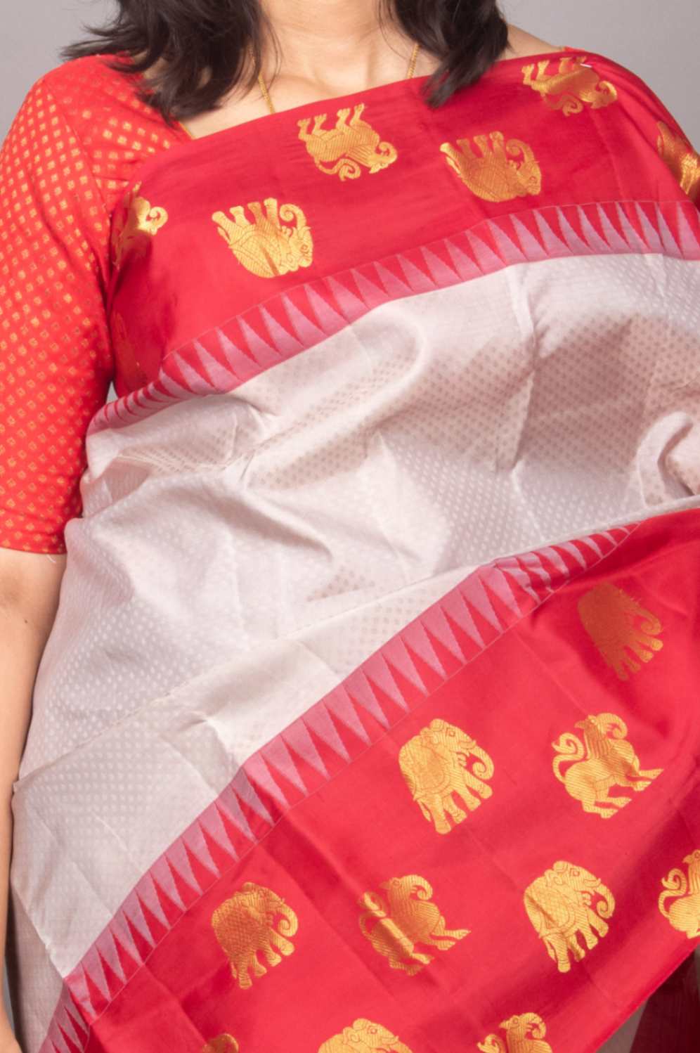 Grey and red designer silk saree
