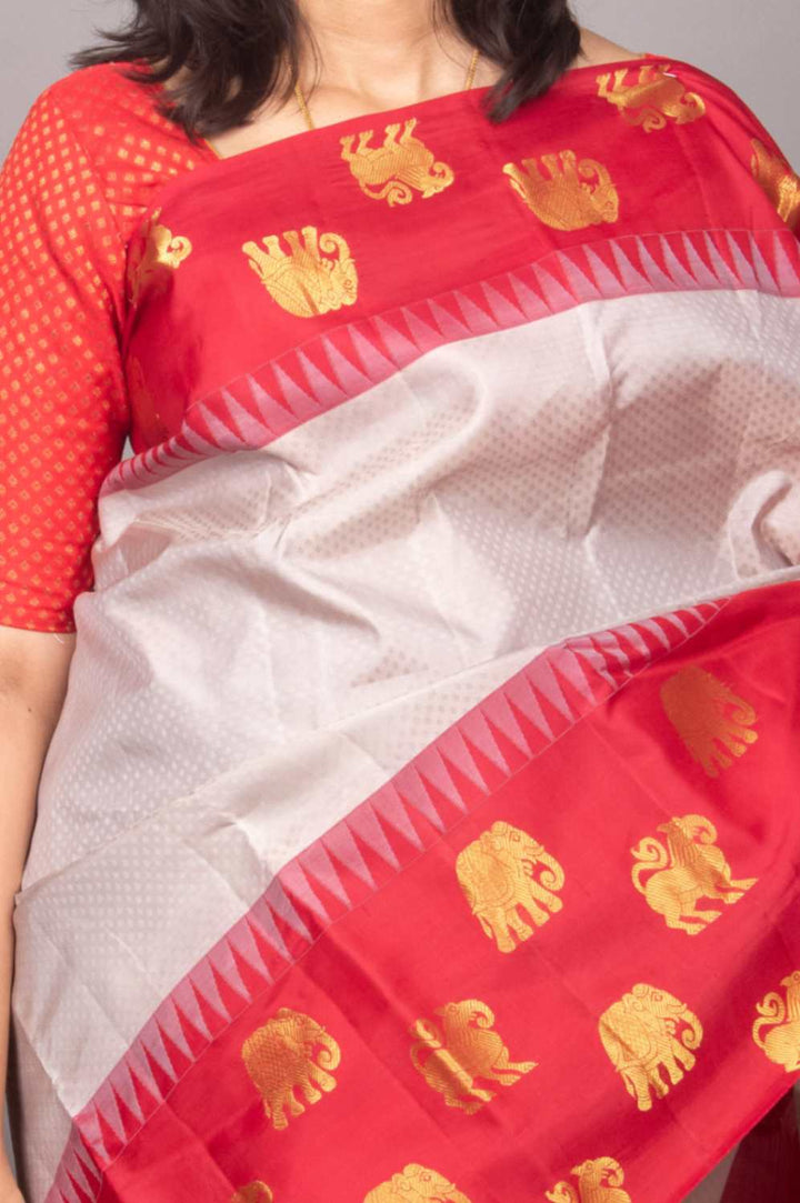 Grey and red designer silk saree