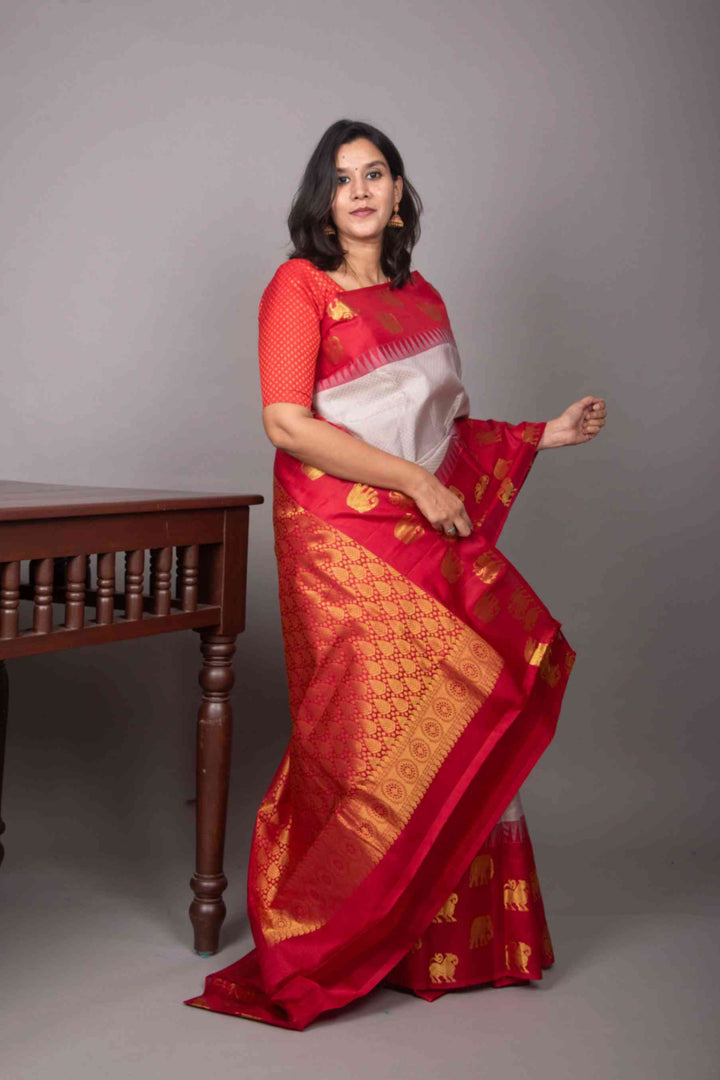 Grey and red designer silk saree