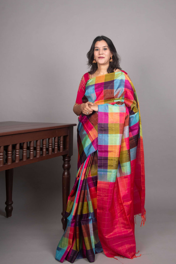 Pink and blue palum pazhamum silk saree