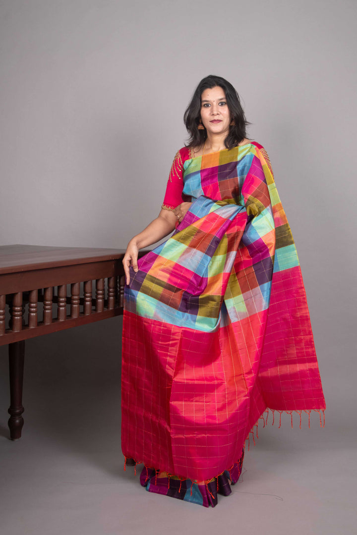 Pink and blue palum pazhamum silk saree