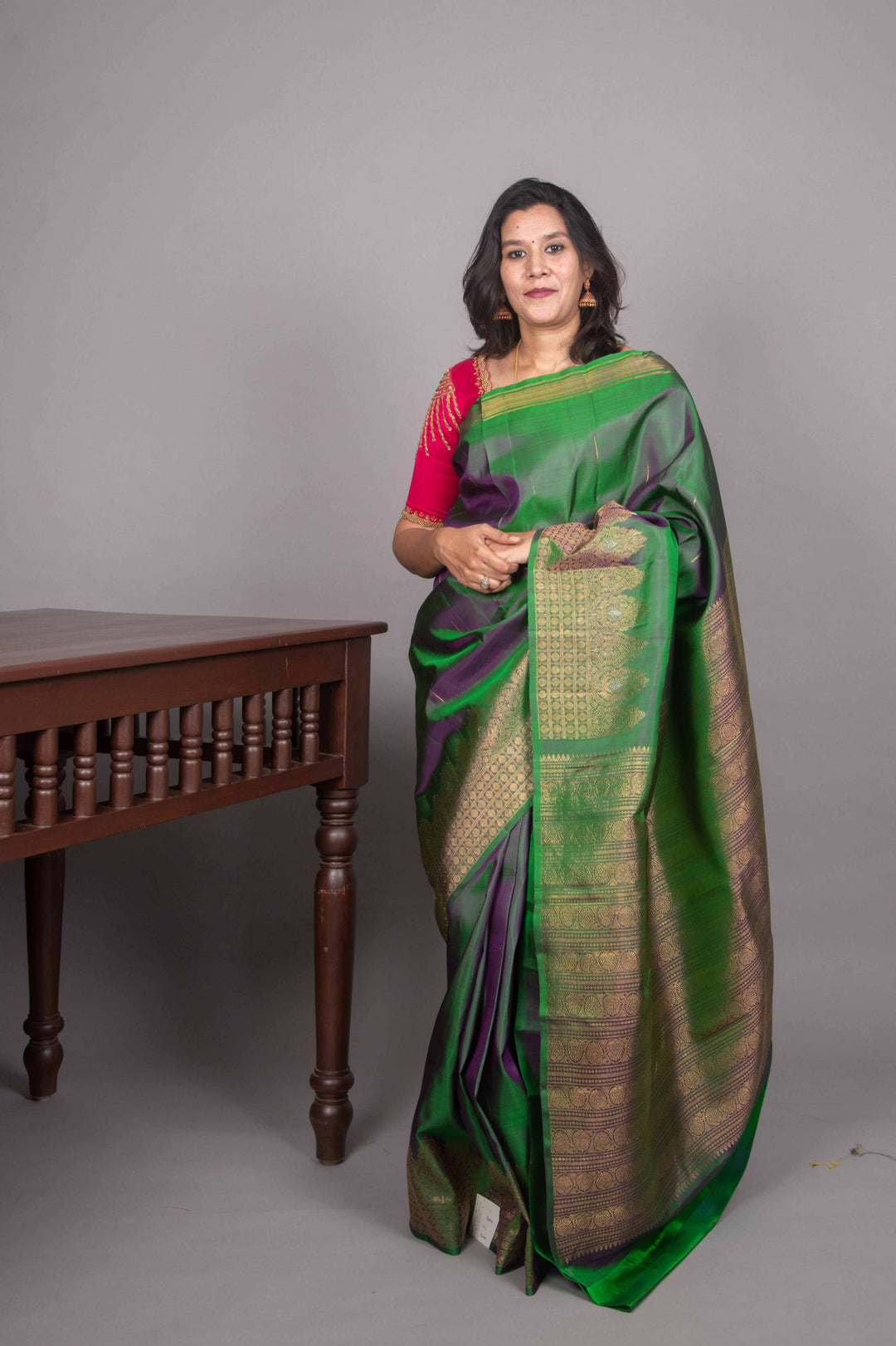 Dual tone green designer kanjivaram silk saree