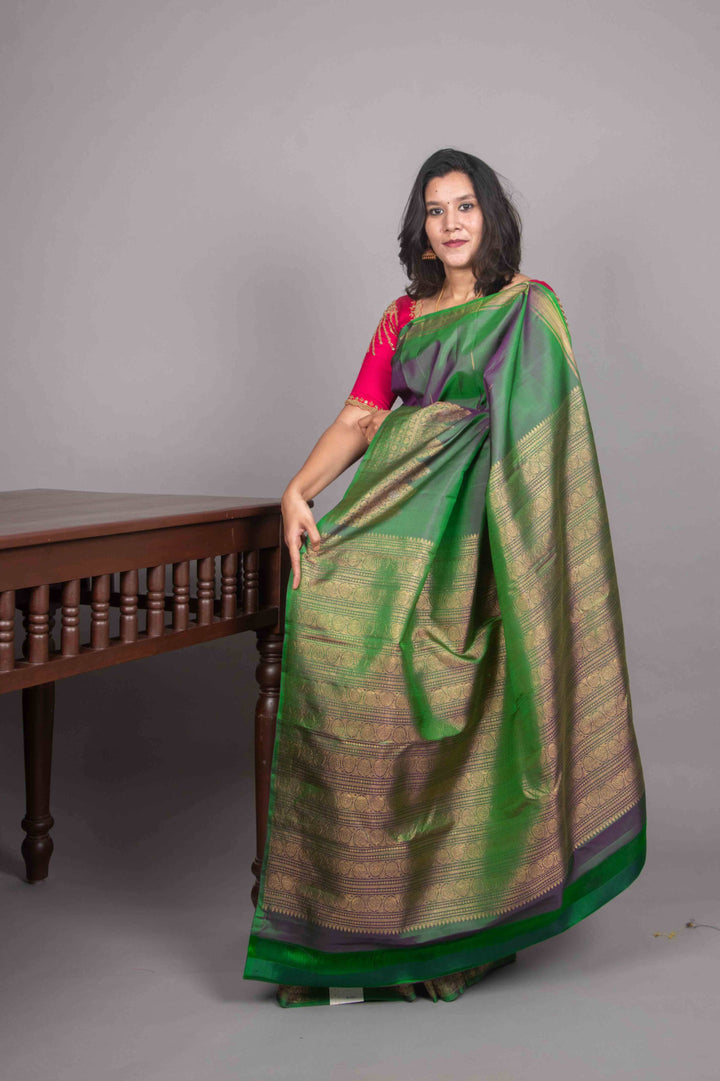 Dual tone green designer kanjivaram silk saree