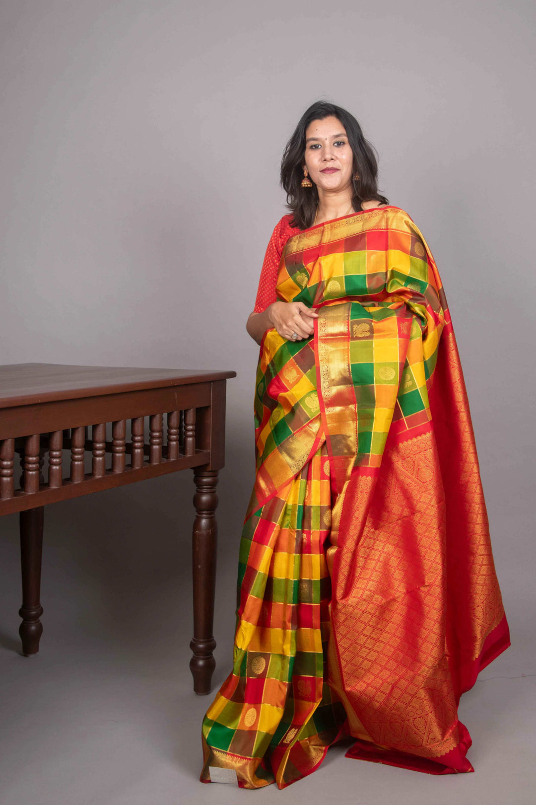Mustard and red palum pazhamum kanjivaram silk saree