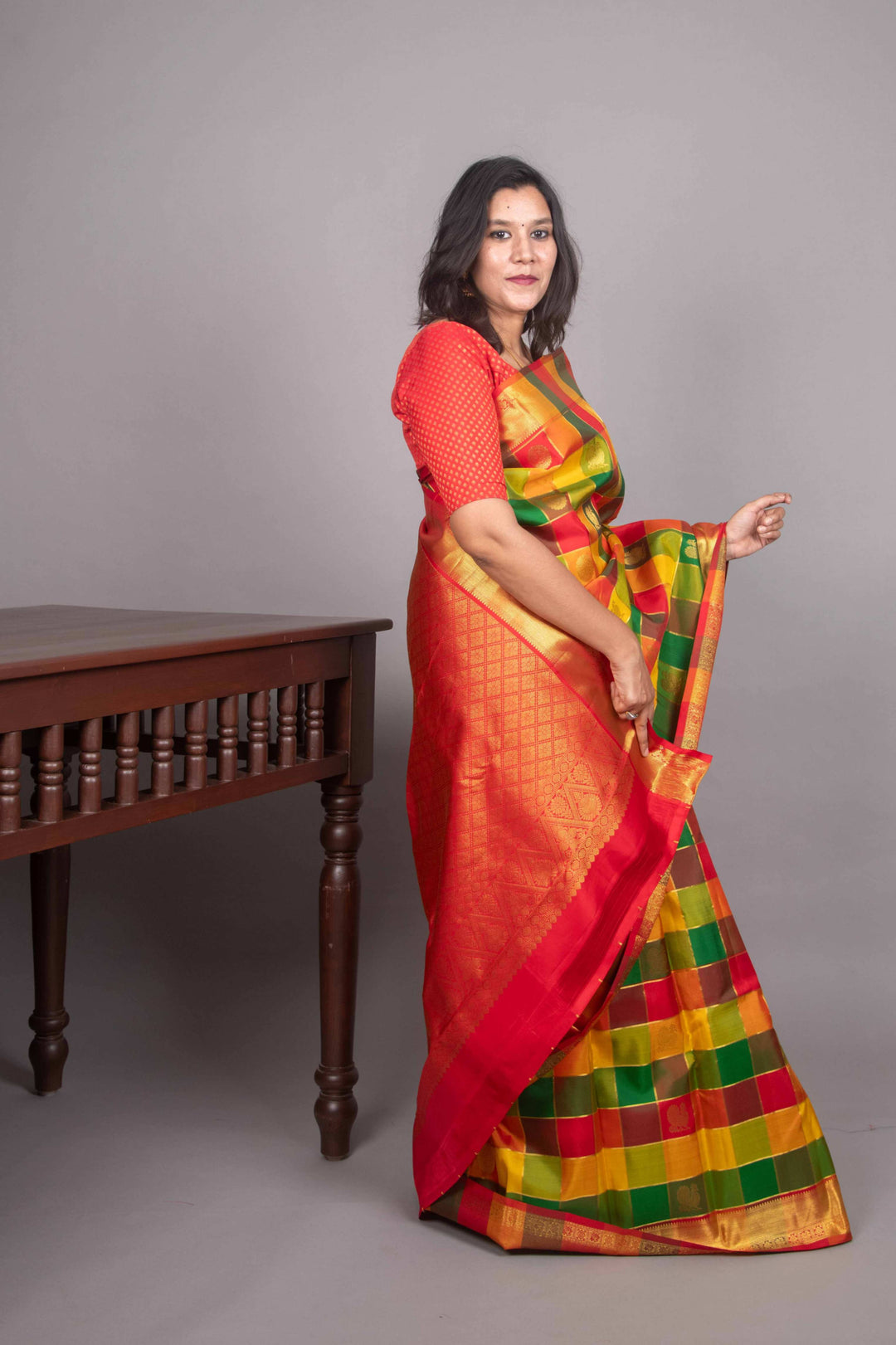 Mustard and red palum pazhamum kanjivaram silk saree