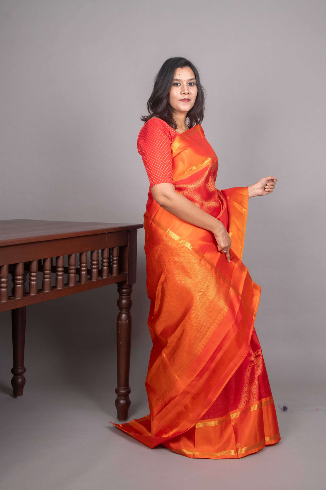 Red and orange kanjivaram silk saree
