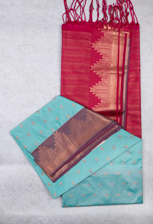 Pastel blue temple border semi soft silk saree