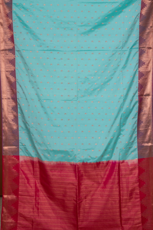 Pastel blue temple border semi soft silk saree