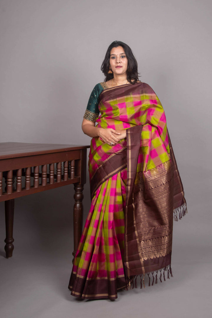 Green pink and brown palum pazhamum silk saree