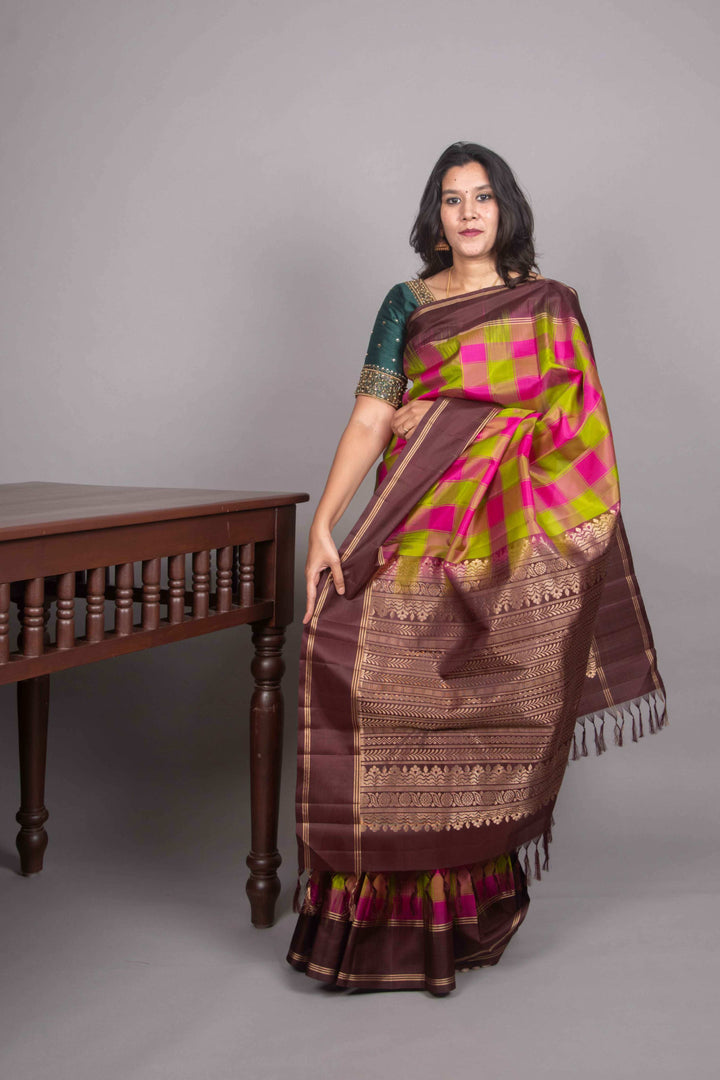 Green pink and brown palum pazhamum silk saree