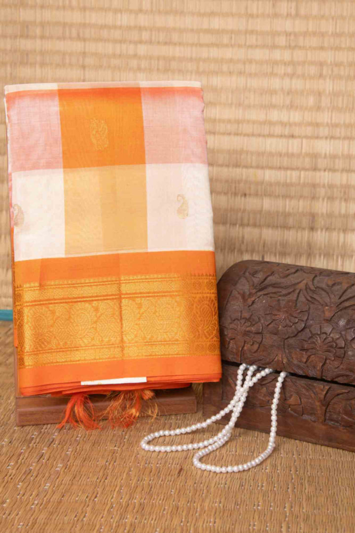 Offwhite and orange silk cotton saree