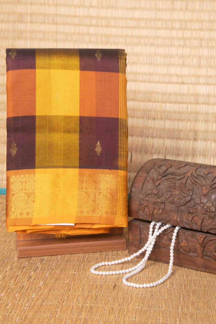 Mustard and brown palum pazhamum silk coton saree