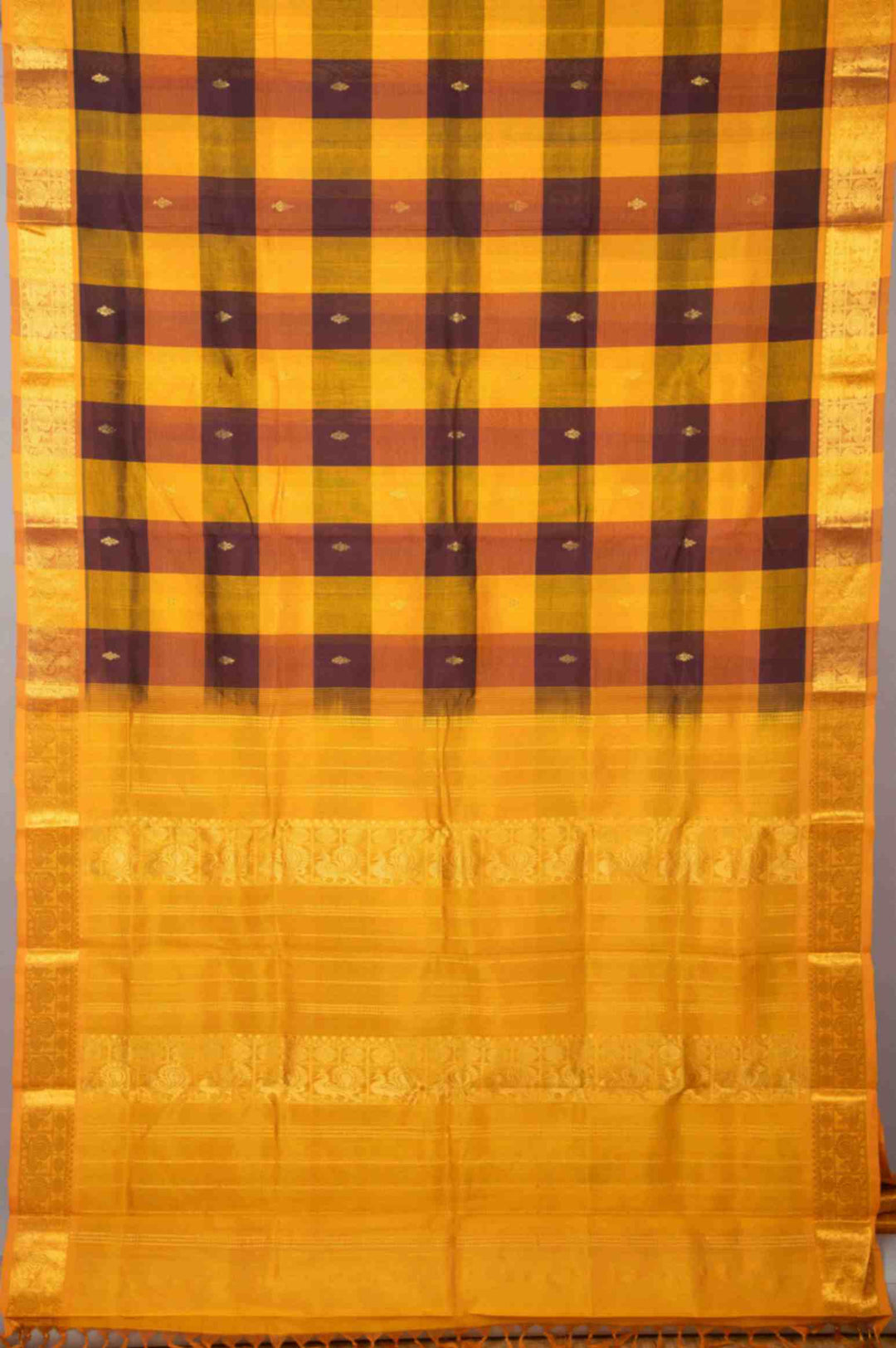 Mustard and brown palum pazhamum silk coton saree