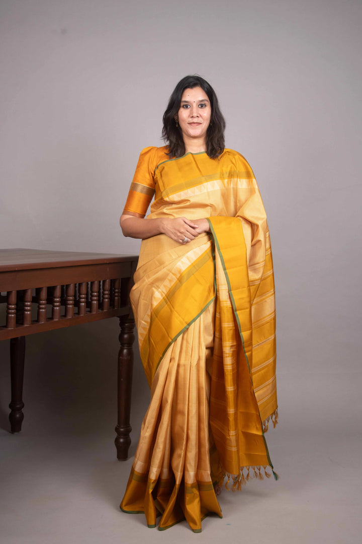 Offwhite and Mustard zero zari kanjivaram silk saree