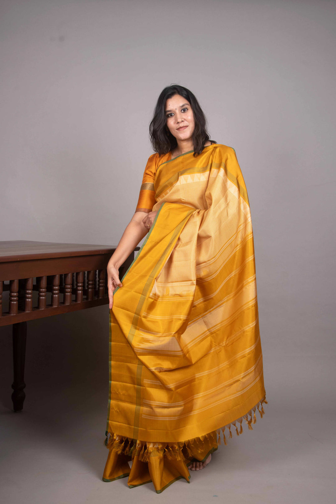 Offwhite and Mustard zero zari kanjivaram silk saree