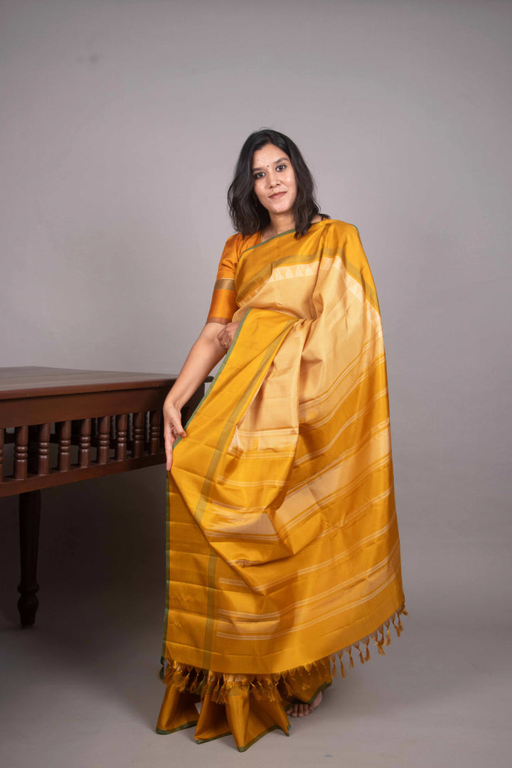 Offwhite and Mustard zero zari kanjivaram silk saree