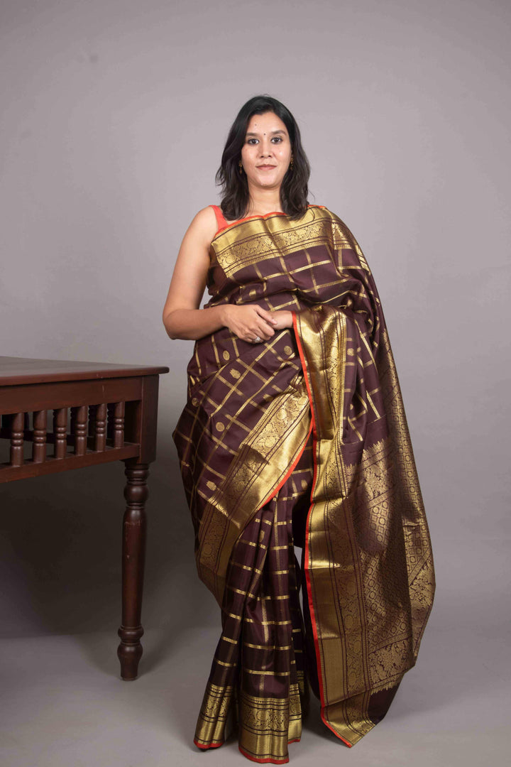 Coffee bean Brown zari check kanchi pattu saree