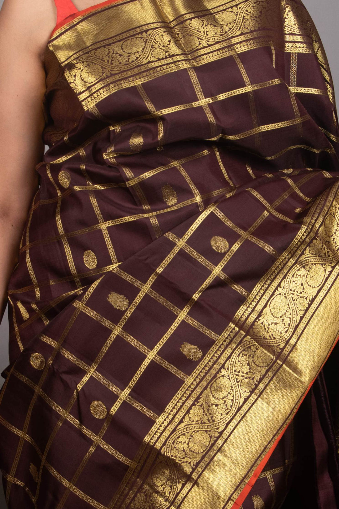 Coffee bean Brown zari check kanchi pattu saree