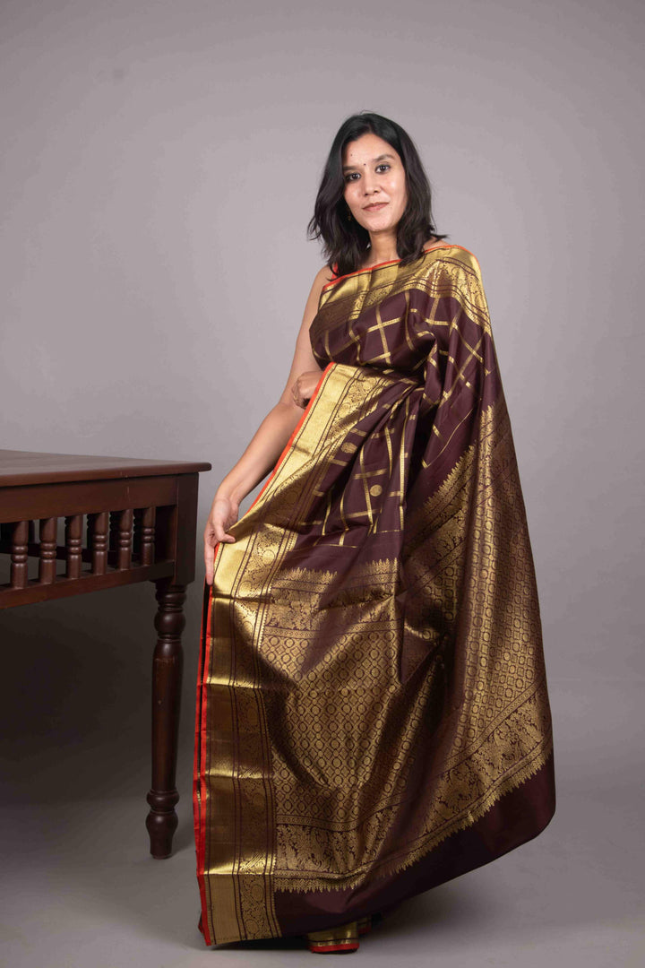Coffee bean Brown zari check kanchi pattu saree